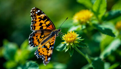 Obraz premium A close-up of an orange and black butterfly with spotted wings perched on a green flower