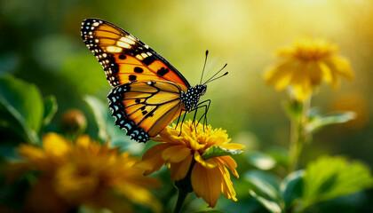 Obraz premium A close-up of an orange and black butterfly with spotted wings perched on a green flower