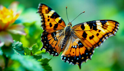 Obraz premium A close-up of an orange and black butterfly with spotted wings perched on a green flower