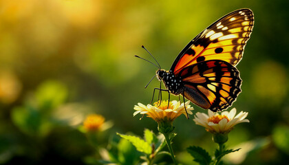 Obraz premium A close-up of an orange and black butterfly with spotted wings perched on a green flower