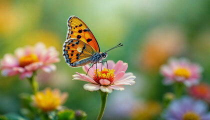 Obraz premium A close-up of an orange and black butterfly with spotted wings perched on a green flower