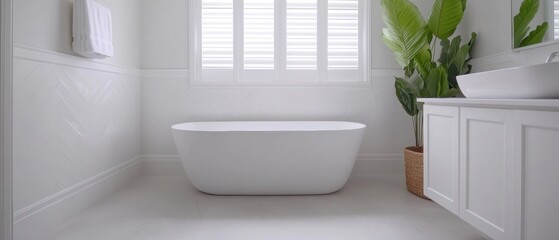 A white bathroom with a large bathtub and a potted plant