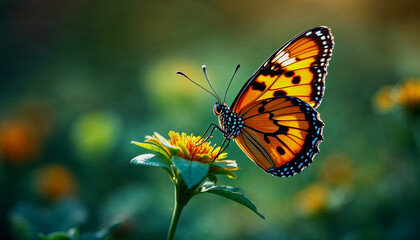 Obraz premium A close-up of an orange and black butterfly with spotted wings perched on a green flower