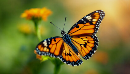 A close-up of an orange and black butterfly with spotted wings perched on a green flower