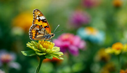 Obraz premium A close-up of an orange and black butterfly with spotted wings perched on a green flower
