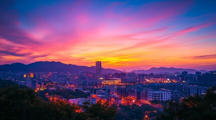 Fototapeta premium Sunset View of City Skyline with Landmark Building, Mountains, and Colorful Sky in Taiwan's Capital, AI generated illustration
