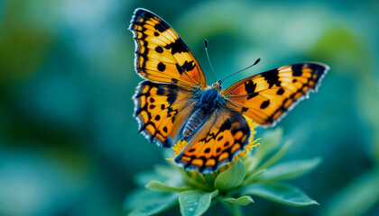 Obraz premium A close-up of an orange and black butterfly with spotted wings perched on a green flower
