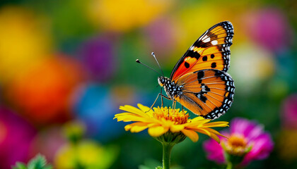 Naklejka premium A close-up of an orange and black butterfly with spotted wings perched on a green flower