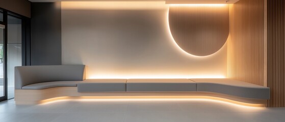 A room with a curved wall and a bench