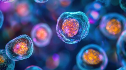 Mesenchymal stem cells in action, vibrant hues, intricate details, illuminated for scientific focus