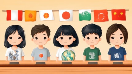 Diverse children holding globe, flags above.