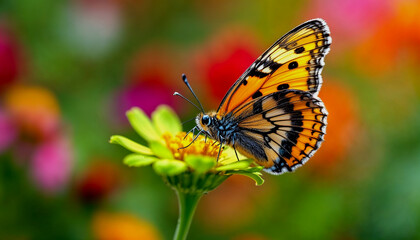 Naklejka premium A close-up of an orange and black butterfly with spotted wings perched on a green flower