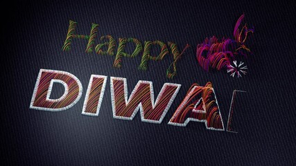Happy Diwali greeting with a lamp in colorful embroidered style, revealed through a 3D perspective motion view on fabric, creating a festive and textured appearance. - Powered by Adobe