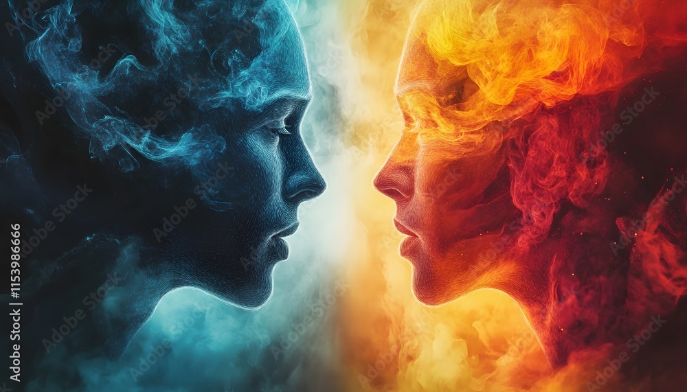 Poster Ethereal Fantasy Concept of Two Faces Representing Fire and Ice Elements in a Dynamic and Colorful Composition with Swirling Smoke Effects