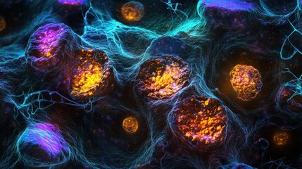 High-resolution view of mesenchymal stem cells, glowing with vibrant colors, intricate biological details