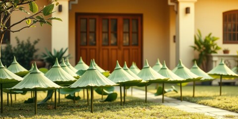 Fototapeta premium Serene Garden Pathway with Decorative Lotus Leaf Parasols
