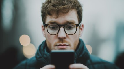 A focused young man using a smartphone outdoors, showcasing the blend of technology and daily life. His expression reflects curiosity and engagement with the digital world.