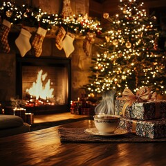 Cozy Winter Evening in a Warmly Lit Living Room With a Decorated Christmas Tree, Steaming Cup, and Wrapped Gifts