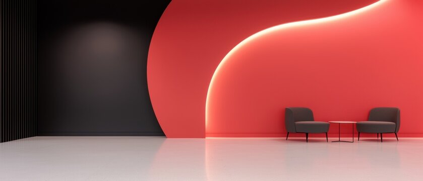 A red wall with a black border and two chairs in front of it