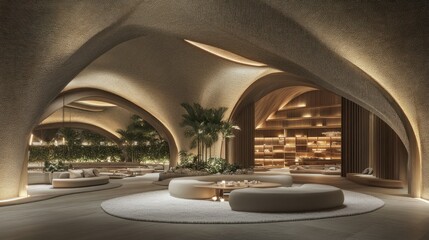 Luxurious spa lobby with organic curves, plush seating, and tropical plants.