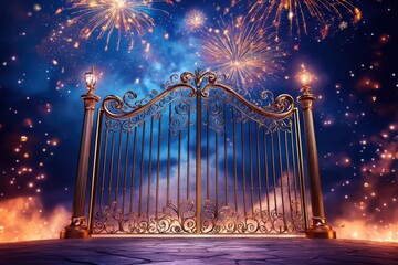 Obraz premium A grand, ornate gate stands against a colorful night sky filled with fireworks, creating a magical and celebratory atmosphere.