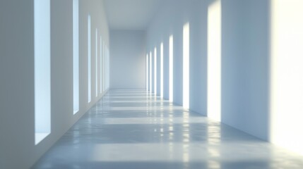 Fototapeta premium Sunlit, minimalist hallway with tall windows.