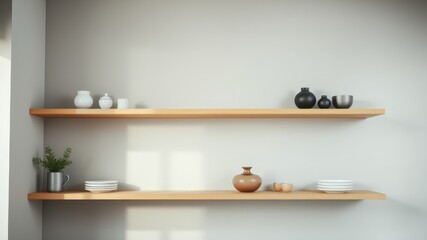 Modern Minimalist Home Decor Two Light Wood Shelves Displaying Simple Pottery and Dishes