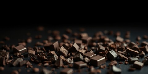 Fototapeta premium Dark Chocolate Pieces and Chunks Scattered on a Dark Surface