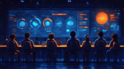 Team viewing futuristic data display.