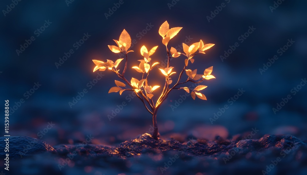 Poster a glowing sapling emerges from a dark ground, illuminating the surroundings with soft light and symb