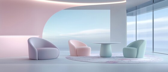 A room with three pink chairs and a white table