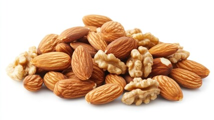 Close-up of a pile of almonds and walnuts isolated on white background.