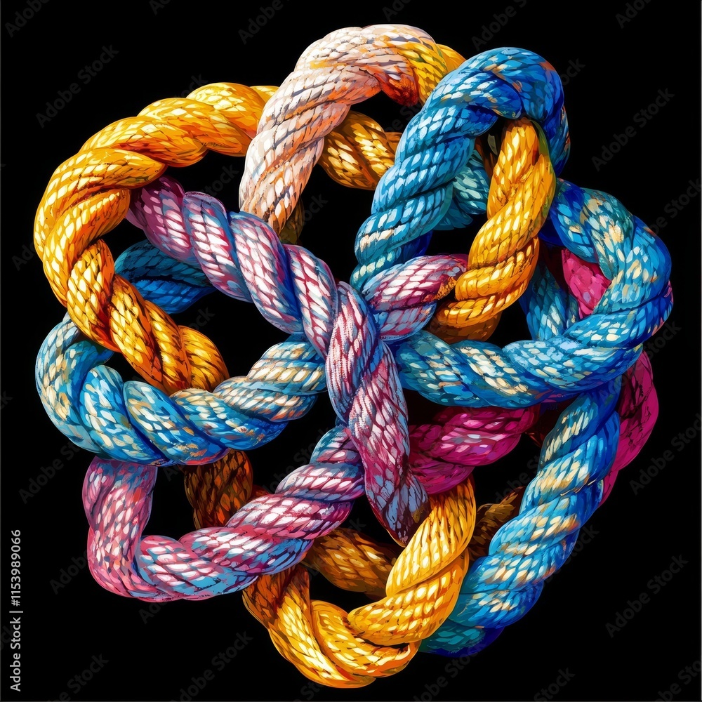 Poster colorful intertwined ropes creating a vibrant and intricate pattern on a dark background