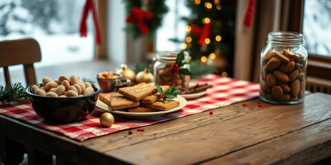 Naklejka premium A rustic wooden table displays an array of holiday treats, including spiced cookies, small round confections, and festive decorations.