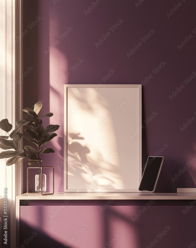 Poster soft afternoon light casts shadows on a minimalist interior with a blank picture frame and a phone o
