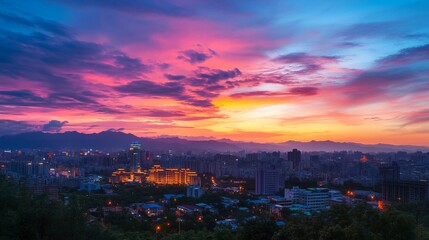 Fototapeta premium Sunset View of City Skyline with Landmark Building, Mountains, and Colorful Sky in Taiwan's Capital, AI generated illustration
