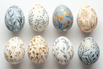 Colorful Easter Eggs with Hand-Painted Floral Patterns on a White Background, AI generated illustration