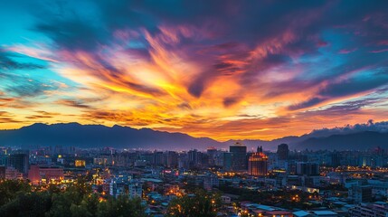Sunset View of City Skyline with Landmark Building, Mountains, and Colorful Sky in Taiwan's Capital, AI generated illustration