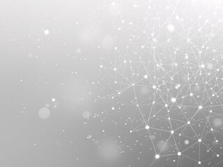 Abstract network of glowing dots and lines on a grey background, representing digital connections.
