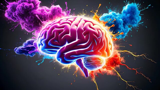Vivid Neural Brain Illustration with Explosive Colorful Clouds and Energy Streams on a Dark Background

