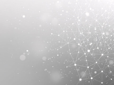 Abstract network of glowing dots and lines on a grey background, representing digital connections.