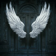 White Angel Wings in Victorian Room, Fantasy Art-Style, AI generated illustration