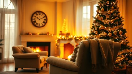 Cozy Christmas Evening in a Warm Living Room with a Decorated Tree