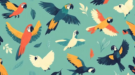 Colorful macaws flying amidst tropical leaves pattern.
