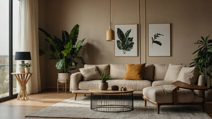 Minimalist modern living room interior background, Scandinavian style, 3D render