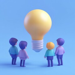 A 3D illustration shows four cartoon-like people gazing at a large, suspended light bulb on a blue background, symbolizing creativity and innovation.