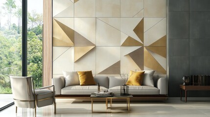 Modern living room with geometric wall art, sofa, and armchair.