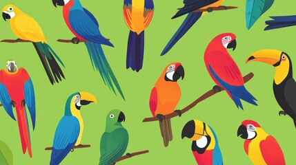 Colorful parrots and toucans on green background.
