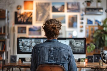 The individual sits at a desk, focused on computer screens, with a stylish backdrop of photographs and plants, creating a productive and creative workspace