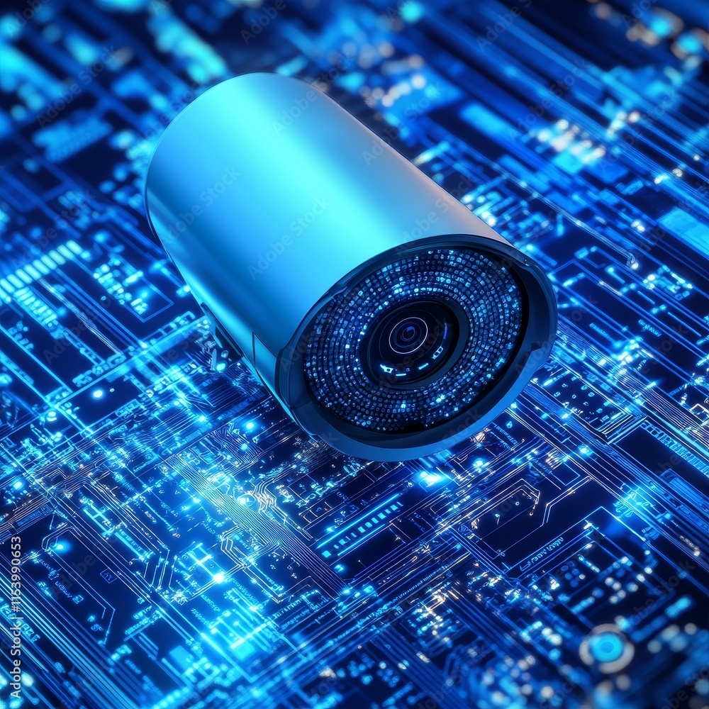 Poster futuristic surveillance camera on a glowing circuit board background showcasing advanced technology 